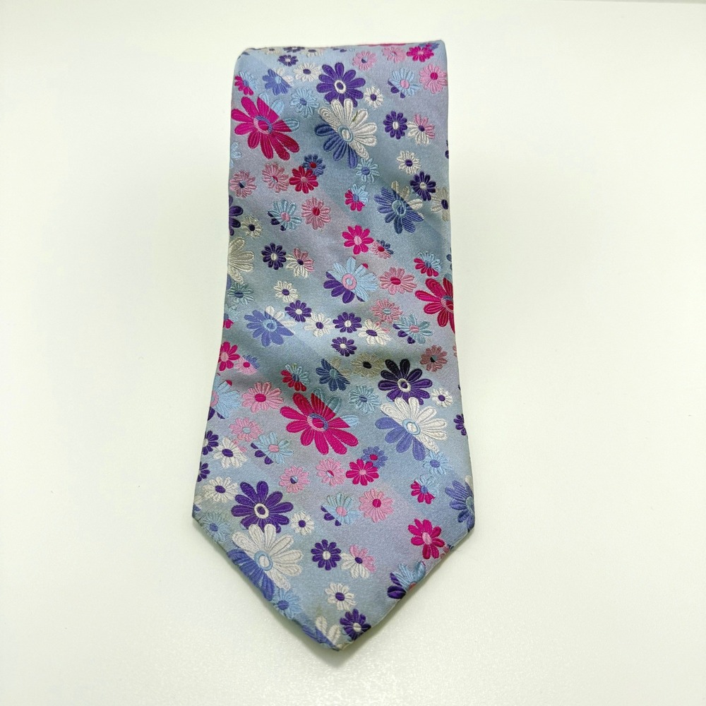 Tommy Hilfiger Mens 100% Silk Tie Light Blue Navy Floral Geometric Made USA